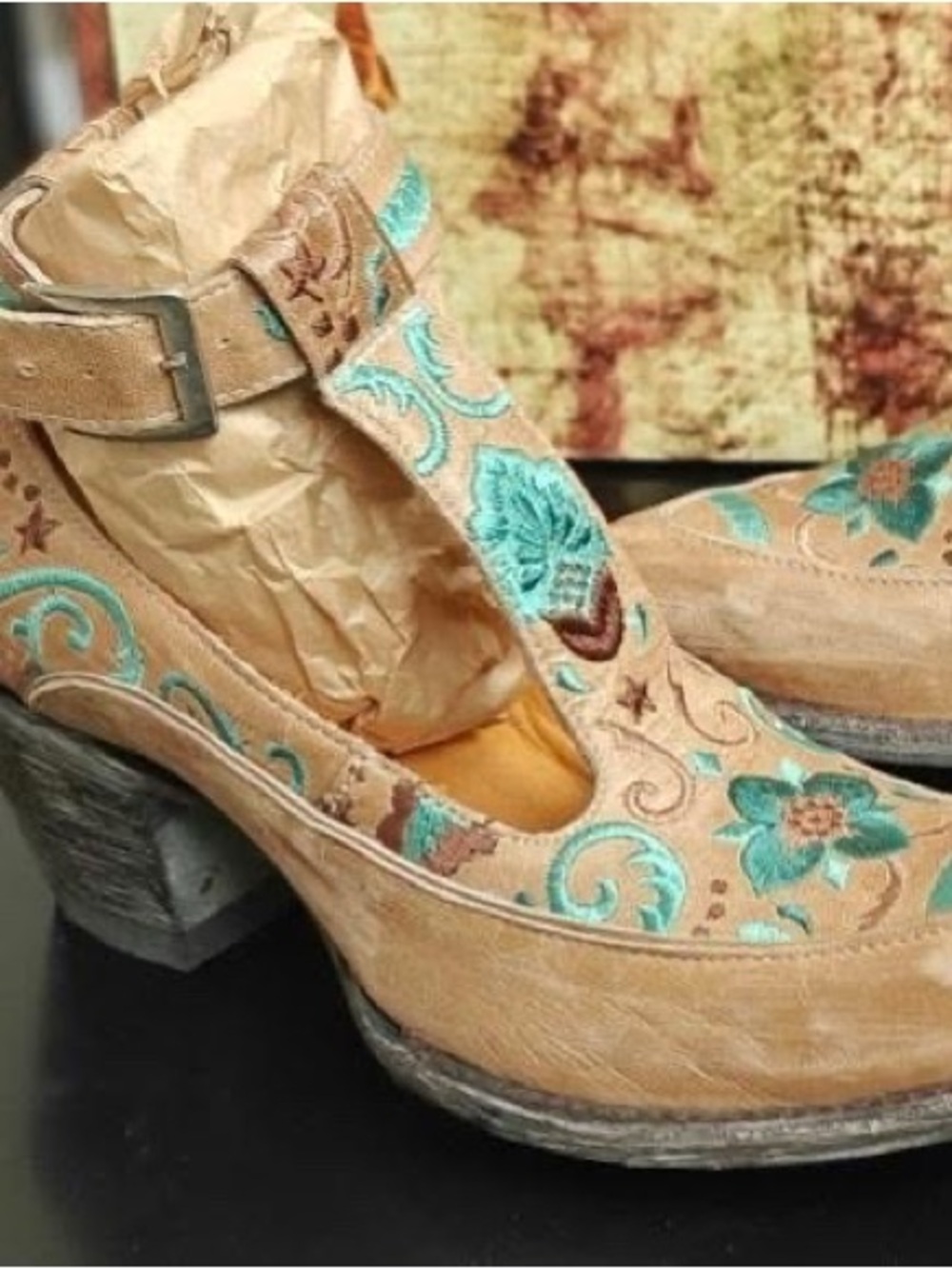 Old Gringo Tan Heeled Mary Jane Shoes with Turquoise Embroidery